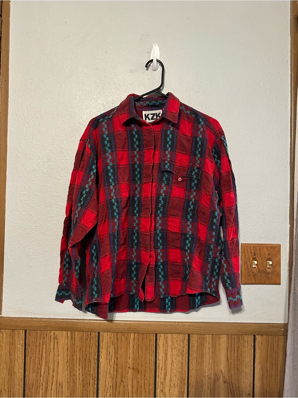 KZK Red Plaid Button-Up Shirt Aztec women size MEDIUM